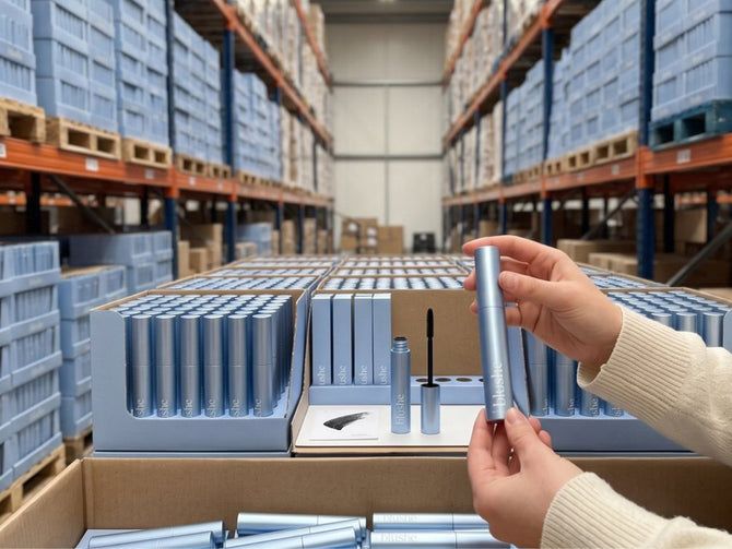 Hands holding a Blushe tube over an open box of Blushe in a warehouse aisle stacked with light blue boxes