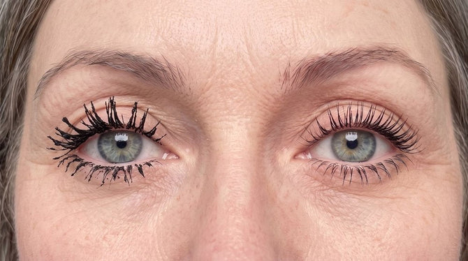 Close-up of a woman’s eyes: the left eye in an old mascara with clumped lashes and flakes, the right eye in Blushe with separated, lifted lashes