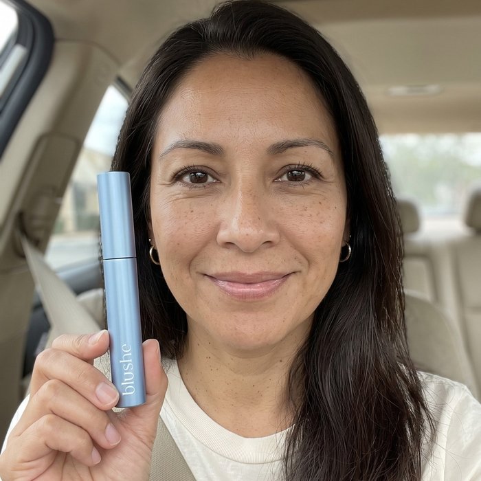 Carolyn holding a Blushe tube in her car